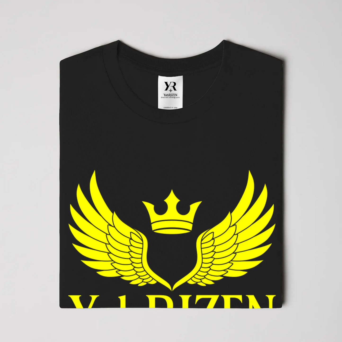 YahRIZEN Winged Crown Essential Tee – Black & Solar Yellow