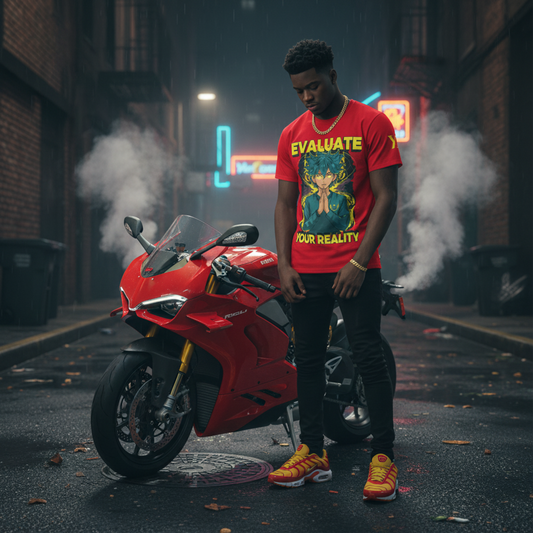 Evaluate Your Reality – Anime Aura Tee (Red / Sage / Gold)