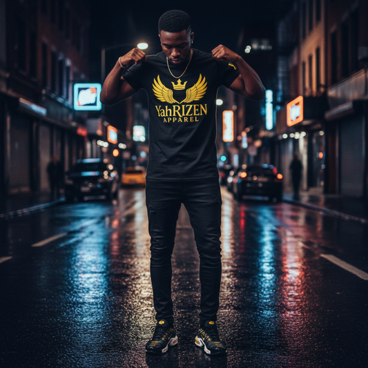 YahRIZEN Winged Crown Essential Tee – Black & Solar Yellow